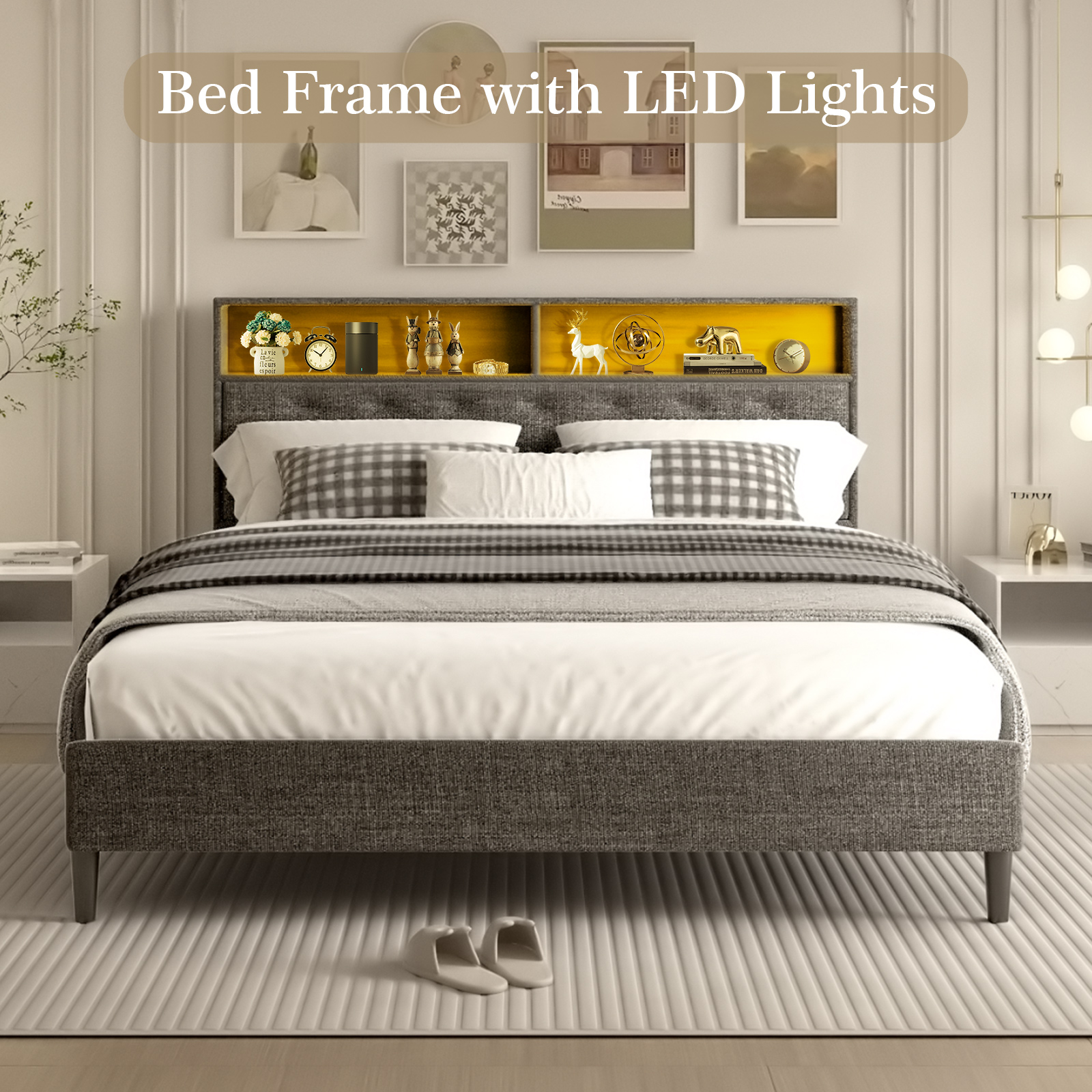 Wooden Bed Frame with LED Lights & Storage - Two Sizes Available