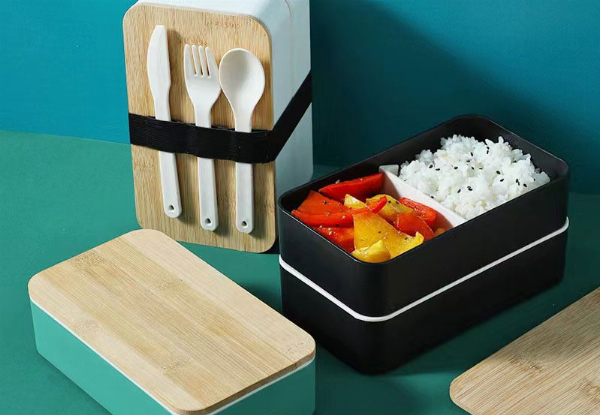 Double Layer Lunch Box with Wood Lid & Cutlery - Available in Four Colours