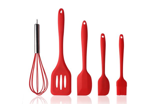 Five-Piece Silicone Kitchen Utensils Set - Two Colours Available with Free Delivery