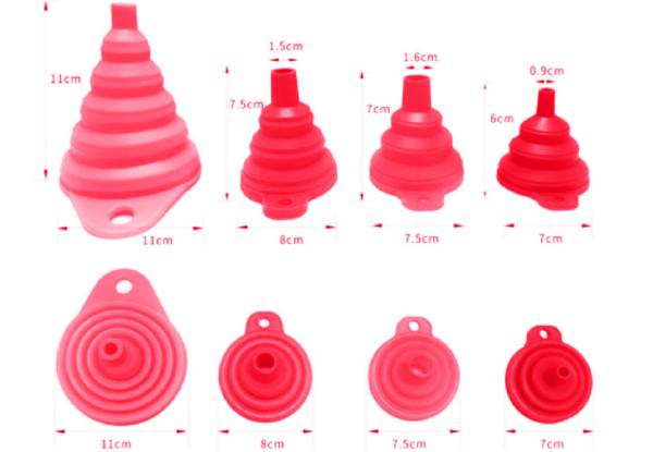 Set of Four Silicone Collapsible Funnels - Seven Colours Available