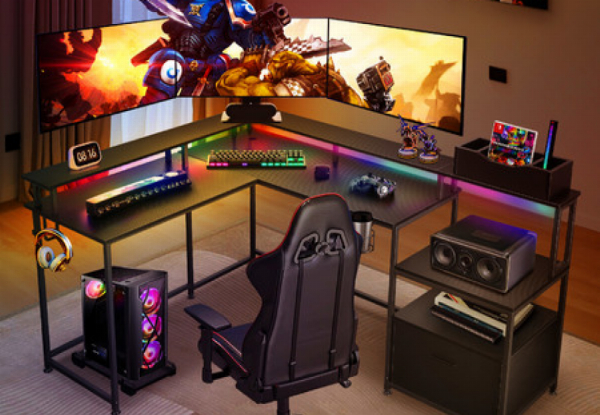 RGB L-Shaped Corner Gaming Desk with Shelves