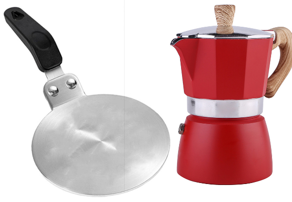 Stovetop 150ml Coffee Moka Pot with 13cm Induction Adapter Plate - Available in Three Colours
