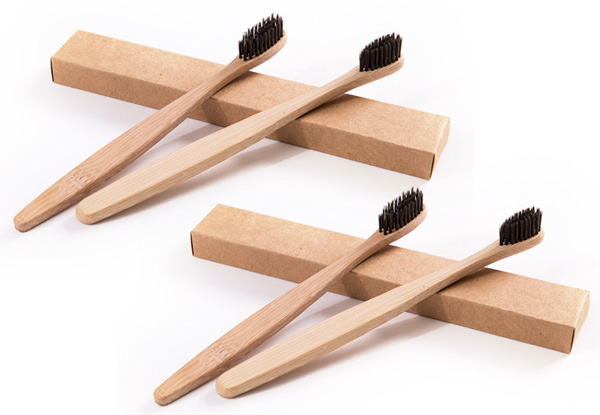 Pack of Four Organic Bamboo Toothbrushes - Option to Include Copper Tongue Cleaner
