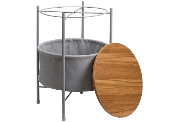 Round End Sofa Side Table with Fabric Storage Basket