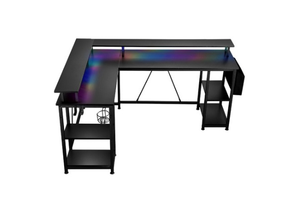 L-Shaped Gaming Desk Table with LED Lights & Storage Shelves