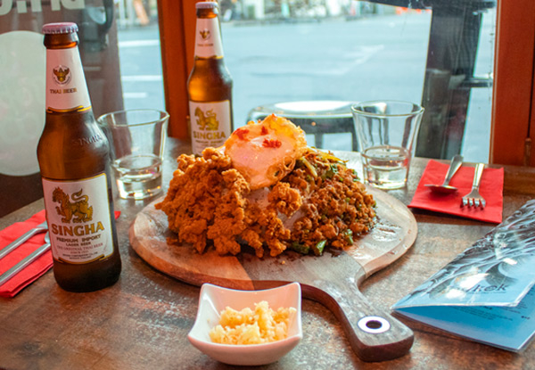 Authentic Jumbo Chicken Pad Kra Pow & Two Singha Beers for Two People