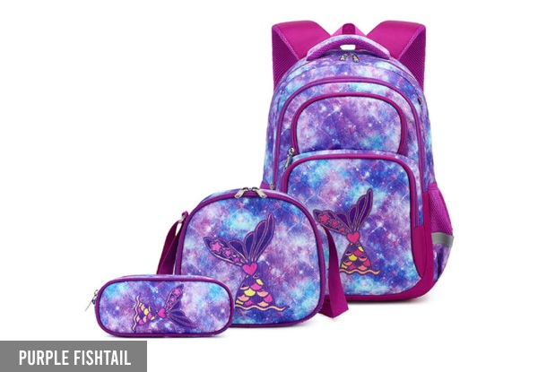 Three-Piece Reflective Stripe School Backpack with Lunch Box & Pencil Case - Four Styles Available