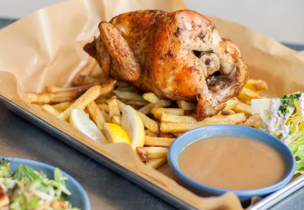 One Whole Rotisserie Chicken Served with Hand Cut Fries & Slaw with Choice of Two Seasonal Sides for Two to Four People - Option to incl. One Jug of Local Tap Beer or Carafe of Wine