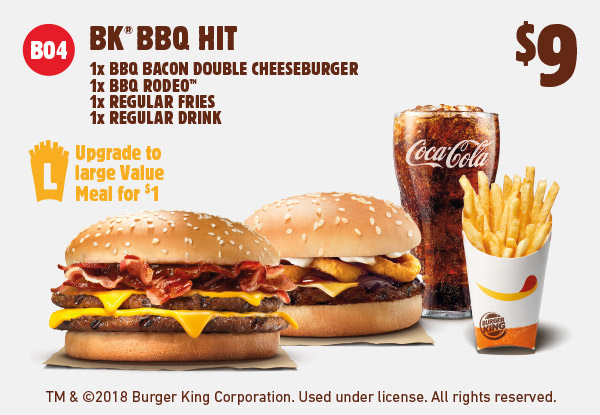 BK BBQ Hit - One BBQ Bacon Double Cheese Burger,  One BBQ Rodeo Burger, One Regular Fries & One Regular Drink for $9 - Using the code B04