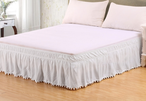 Elastic Pompom Fringe Bed Skirt Wrap - Available in Five Colours & Four Sizes