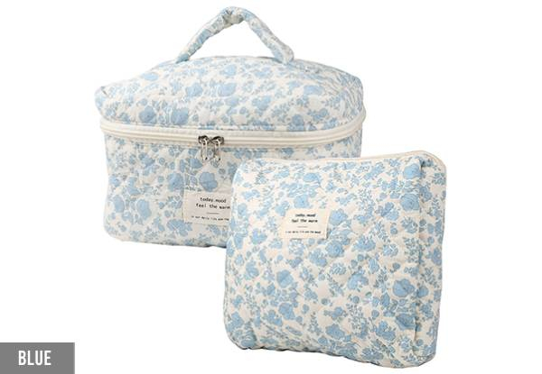 Two-Piece Quilted Floral Travel Makeup Bag Set - Eight Colours Available