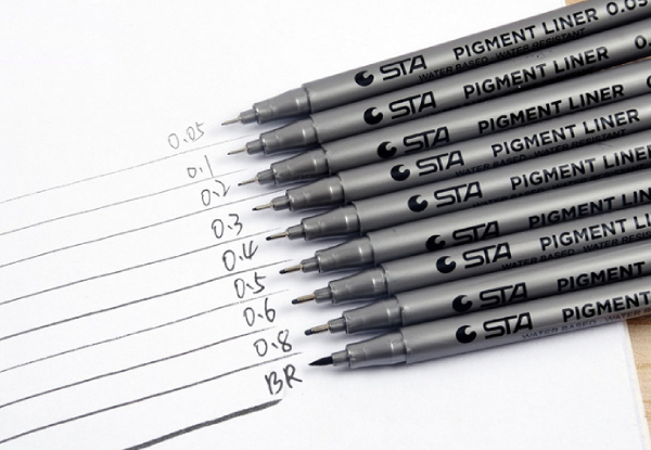 Nine-Piece Set of Water Based Brush Markers with Different Sized Pigment Lines