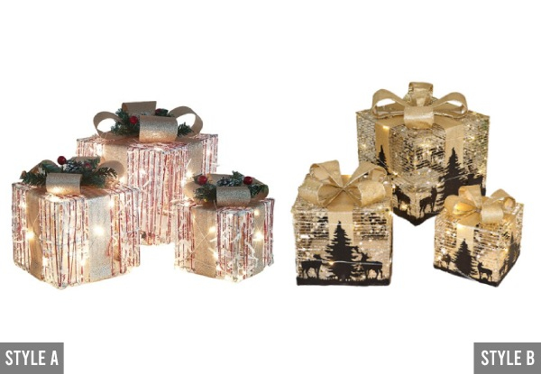 Three-Piece Christmas LED Light Gift Boxes Decorations - 11 Styles Available