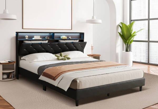 Wooden LED Bed Frame with Storage & Headboard - Two Sizes Available