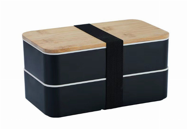 Double Layer Lunch Box with Wood Lid & Cutlery - Available in Four Colours