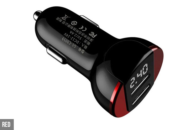 5V 2.4A Dual USB LED Display Car Charger - Three Colours Available with Free Delivery