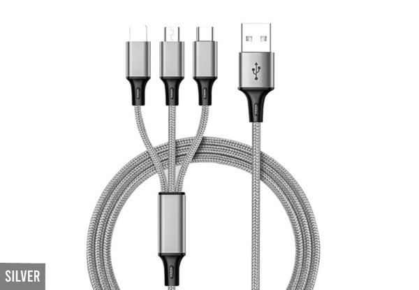 Three-in-One Nylon Braided Charging Cable Compatible with Apple or Android - Three Colours Available