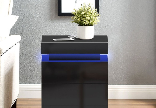 Three-Drawer High Gloss Wooden Bedside Table Nightstand with LED Lights & Wireless Charging - Two Colours Available