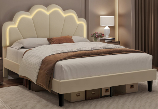 Wooden Bed Frame with LED Headboard - Available in Two Sizes