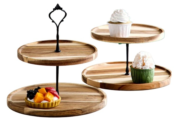 Soga Two-Tier Brown Round Wooden Dessert Tray