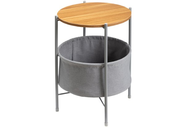 Round End Sofa Side Table with Fabric Storage Basket