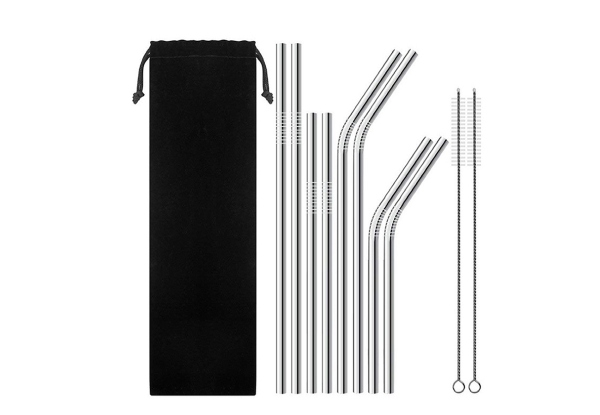 11-Piece Stainless Steel Reusable Straight & Bent Straws Set - Option for Two Sets