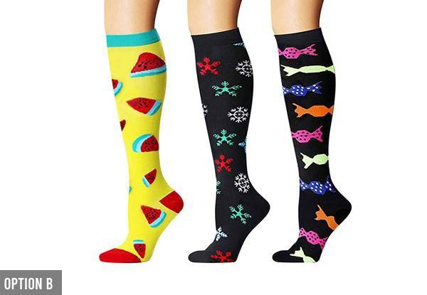 Three-Pairs of Knee Length Compression Socks Two Sizes & Two Styles Available - Option for Six-Pairs