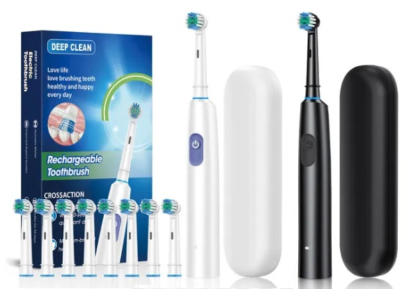 Rechargeable Rotary Electric Toothbrush with Eight Replacement Heads - Two Colours Available