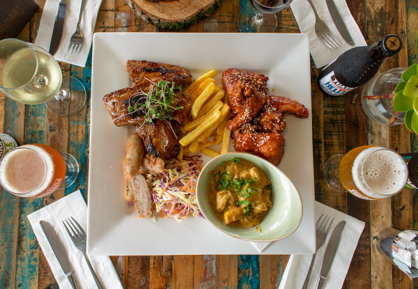Shared Platter for Two incl. Tuatara Craft Beer or Any Wine Each with Beef Cheek Curry, Spare Pork Ribs, Chips & Sticky Wings - Options for up to Four People