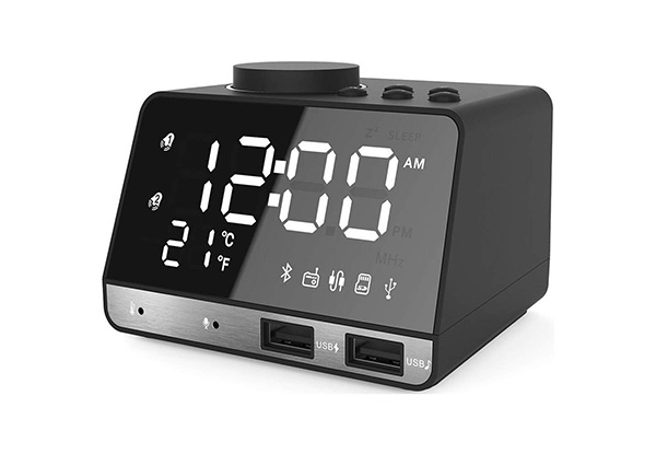 Bluetooth Alarm Radio Speaker with Dual Snooze Clock and USB Charging Port