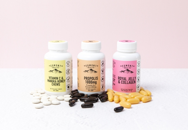 Egmont Health Supplements Range Pack incl. Royal Jelly & Collagen, Vitamin C & Manuka Honey Chews, & Propolis