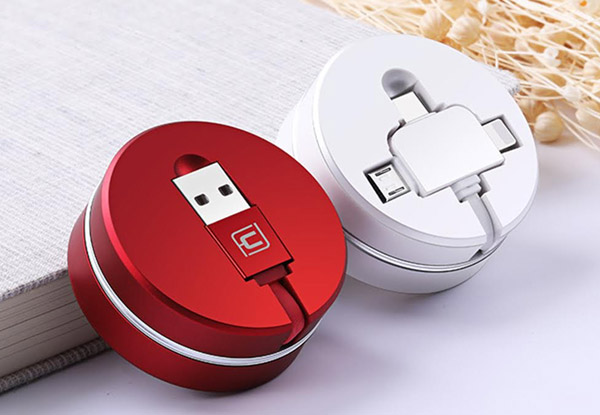 Three-in-One Retractable Lightning/Micro/Type-C USB Cable - Four Colours Available with Free Delivery