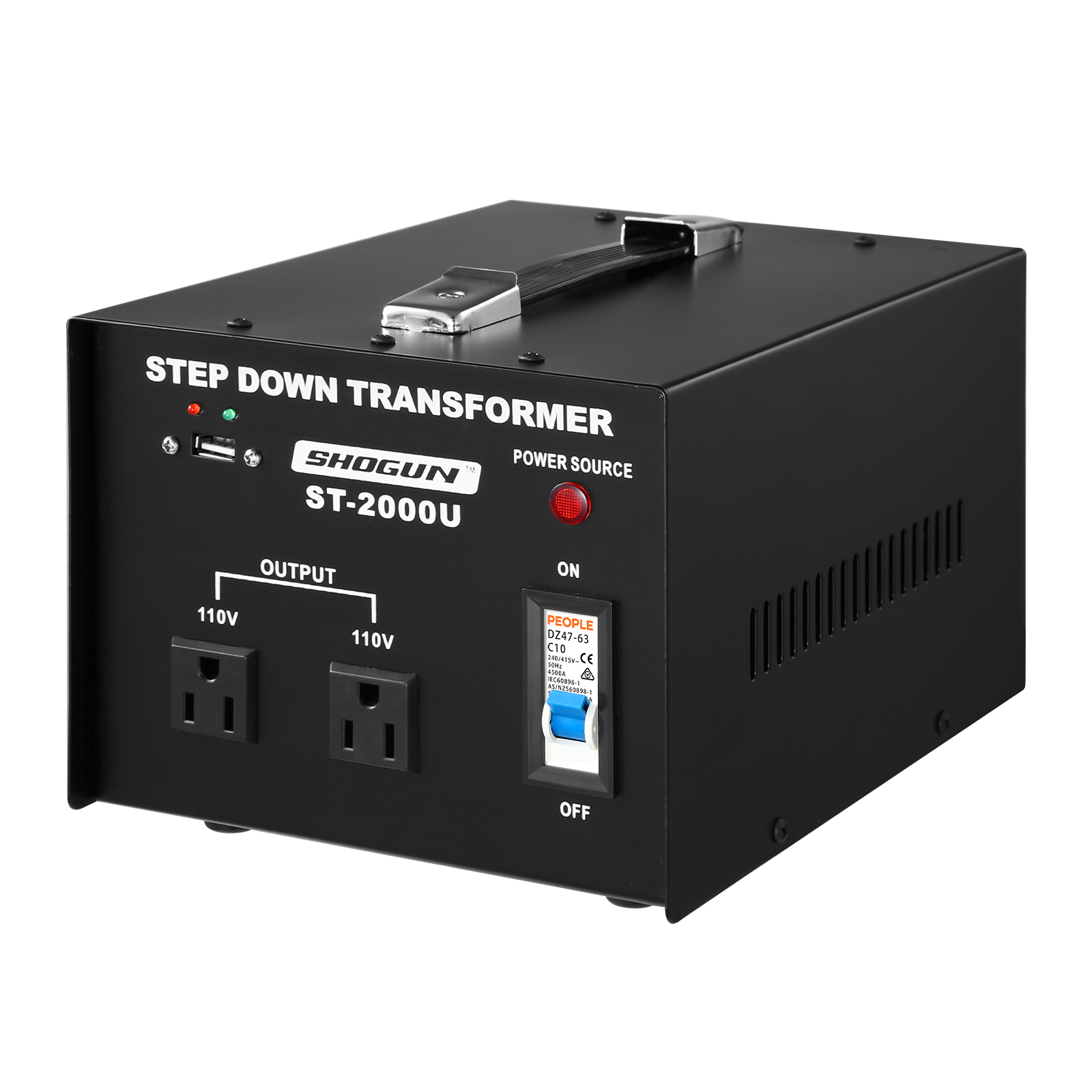 Step Down 240V-110V 2000W Transformer AU to US with Two AC Output Sockets & 5V USB Port