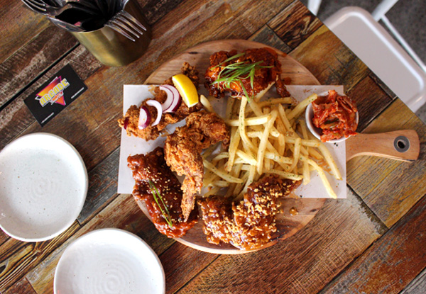 Fried Chicken Tasting Platter with Kimchi, Fries & Wasabi Mayo for Two People