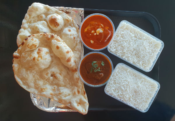 Two Curries, Naans & Rice to Share incl. Can of Drink Per Person
