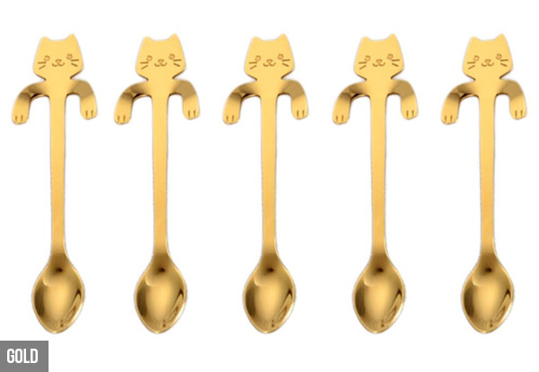 Set of Five or Ten Cat Spoons - Four Colours Available with Free Delivery