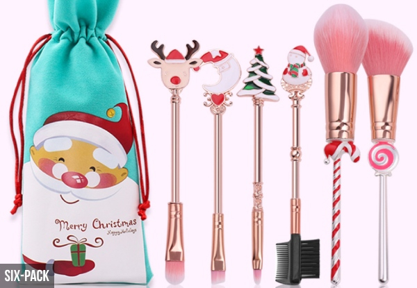 Five-Pack of Christmas Themed Makeup Brushes Set - Option for Six-Pack
