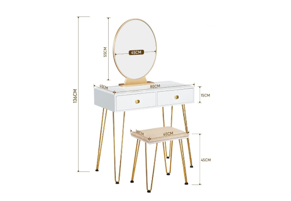Vanity Dressing Table & Stool Set with Cushioned Chair, Round Mirror & Two Large Drawers - Two Colours Available