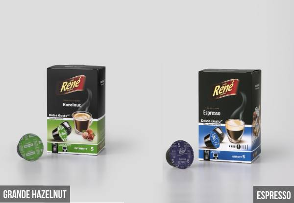 Seven Packs of Rene Coffee Pods & a Twin-Pack of Latte Glasses - Compatible with Dolce Gusto - Three Options Available