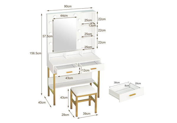 Dressing Table & Stool Set with Nine-LED Mirror