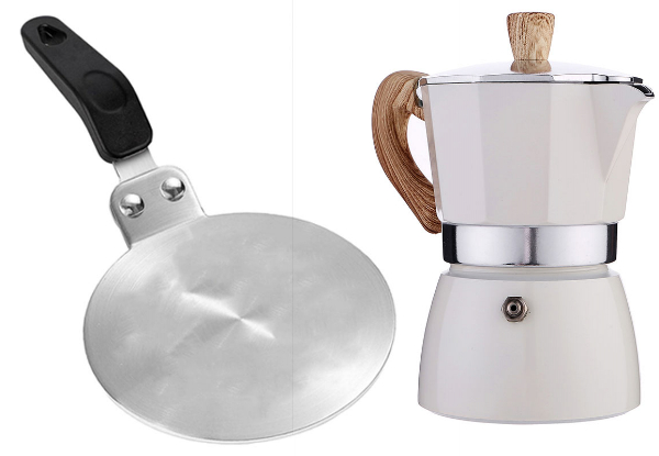 Stovetop 150ml Coffee Moka Pot with 13cm Induction Adapter Plate - Available in Three Colours