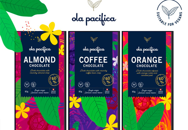 Six-Pack of Ola Pacifica Vegan 60% Dark Chocolate - Three Flavours Available & Option for 24-Pack