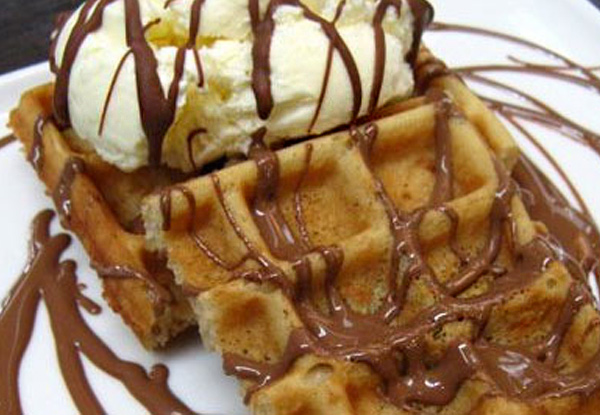 One Freshly Made Waffle Dessert incl. Waffles, Ice Cream & Drizzled with Belgian Chocolate