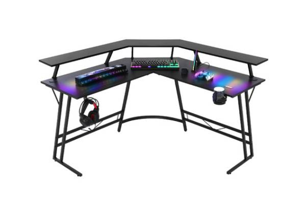 L-Shaped LED Corner Gaming Desk with Wireless Charging