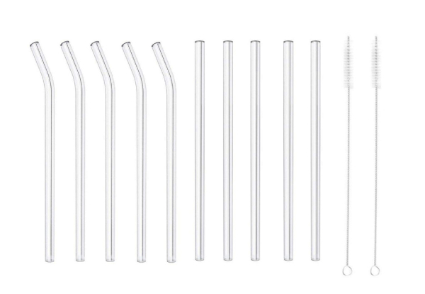 12-Piece Set of Reusable Transparent Glass Straight & Bent Straws incl. Cleaning Brushes - Option for 24 Pieces