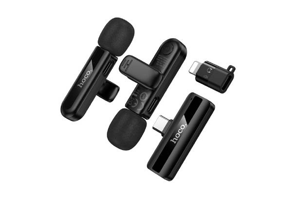 Hoco Dual Wireless Lapel Mic with USB-C Connector, Lightning Adaptor, & DSP Noise Cancellation