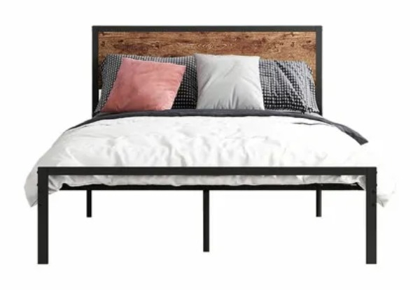 Metal Queen Size Bed Frame with Wooden Headboard - Three Styles Available
