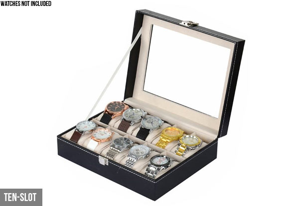 Six-Slot Leather-Look Watch Display Box - Option for Ten-Slot