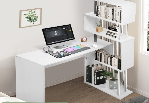 L-Shaped Rotating Home Desk with Four Tier Bookshelf