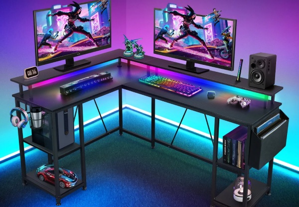 L-Shaped Gaming Desk Table with LED Lights & Storage Shelves